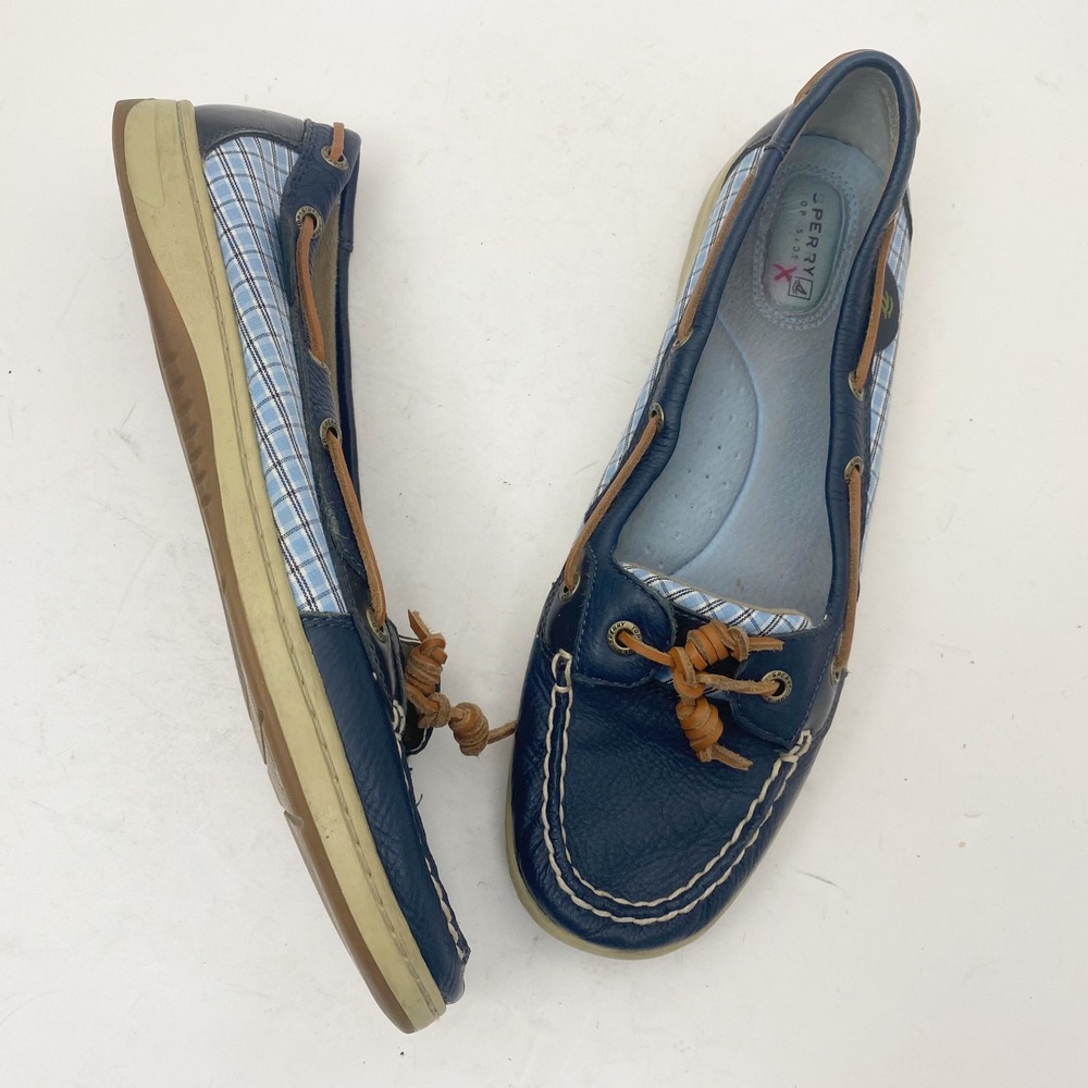 Sperry Top Sider Angelfish Womens Boat Shoes Navy Blue Leather‎ Plaid Size 11M